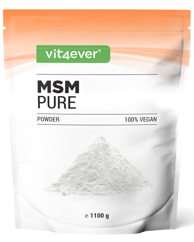Weißes Pulver in einem Beutel mit der Aufschrift "MSM PURE" und "vit4ever". 1100 g.