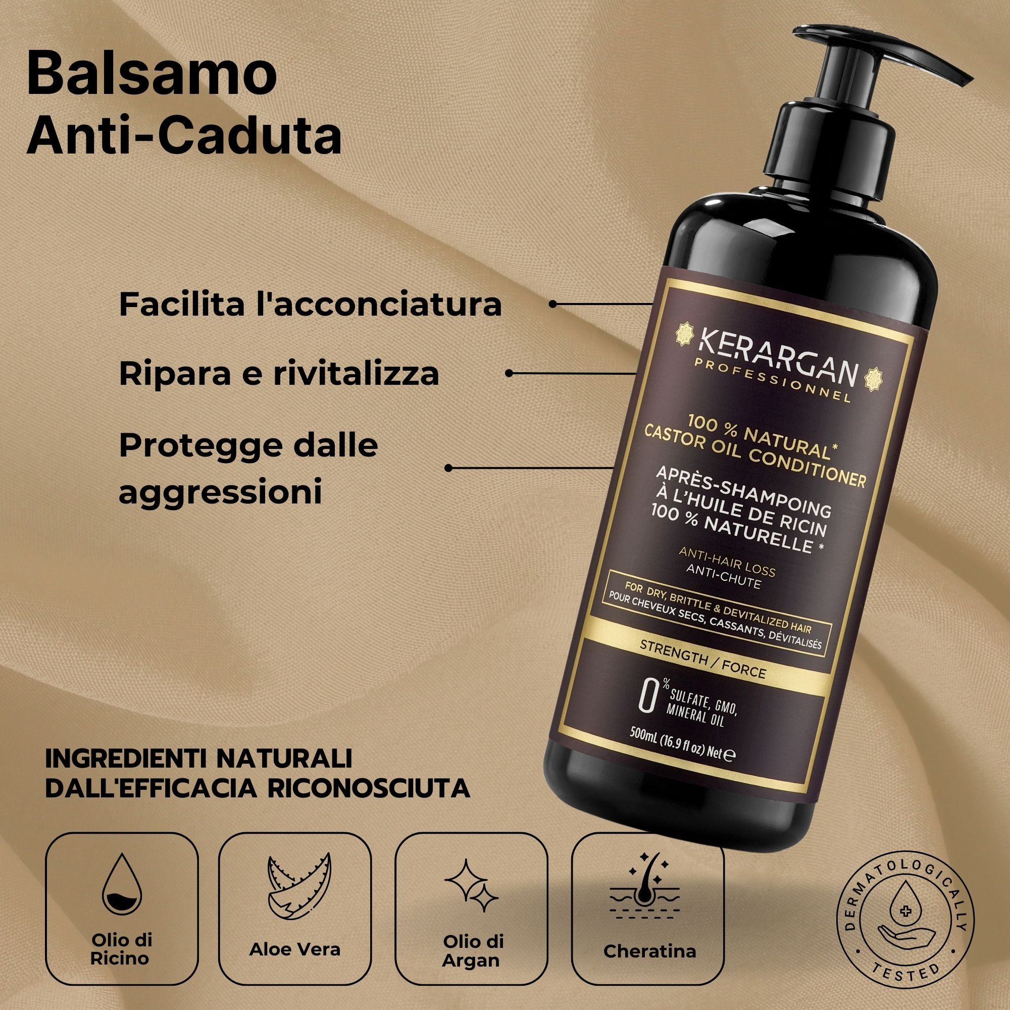 Maschera Kerargan. Vasetto nero con etichetta. Testo: 100% Natural Castor Oil Mask. Anti-caduta. 500ml.