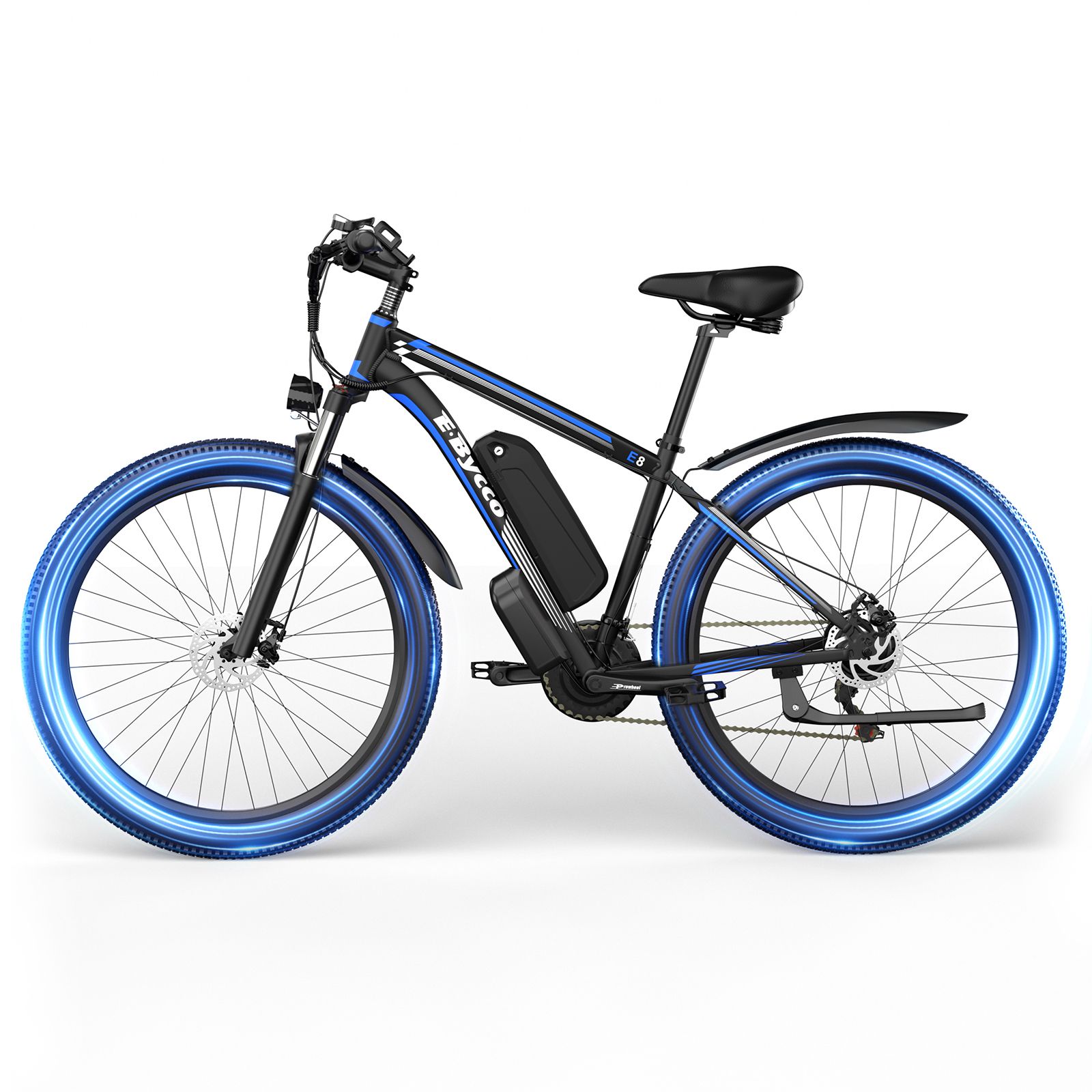 E-Bike mit blauem Reifenrand und schwarzem Rahmen. E·Bycco Logo. Schwarze Batterie. Blaue Akzente.