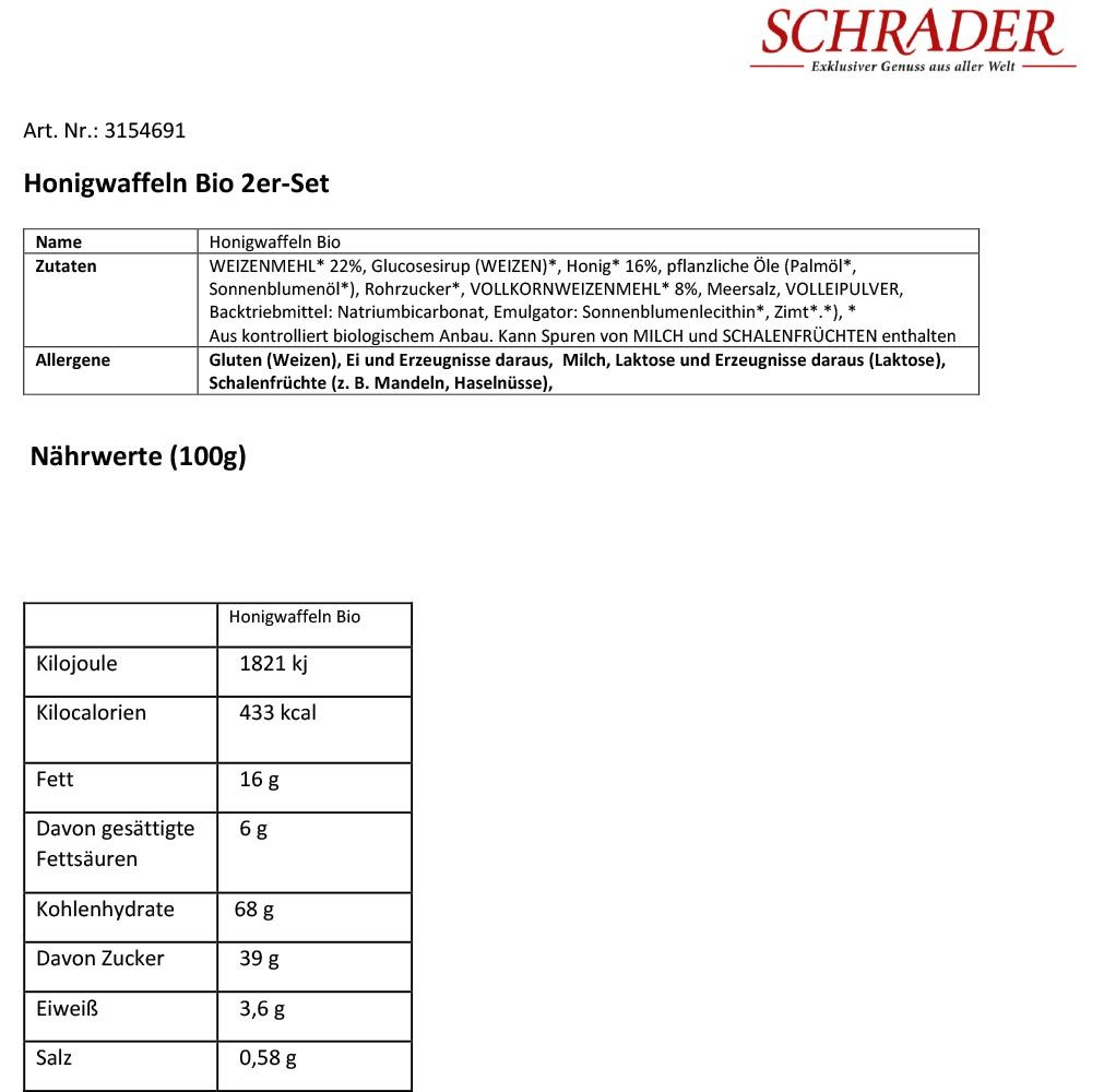 Nährwerttabelle für Honigwaffeln Bio 2er-Set. Enthält Informationen zu Kalorien, Fett, Kohlenhydraten, Zucker, Eiweiß und Salz.