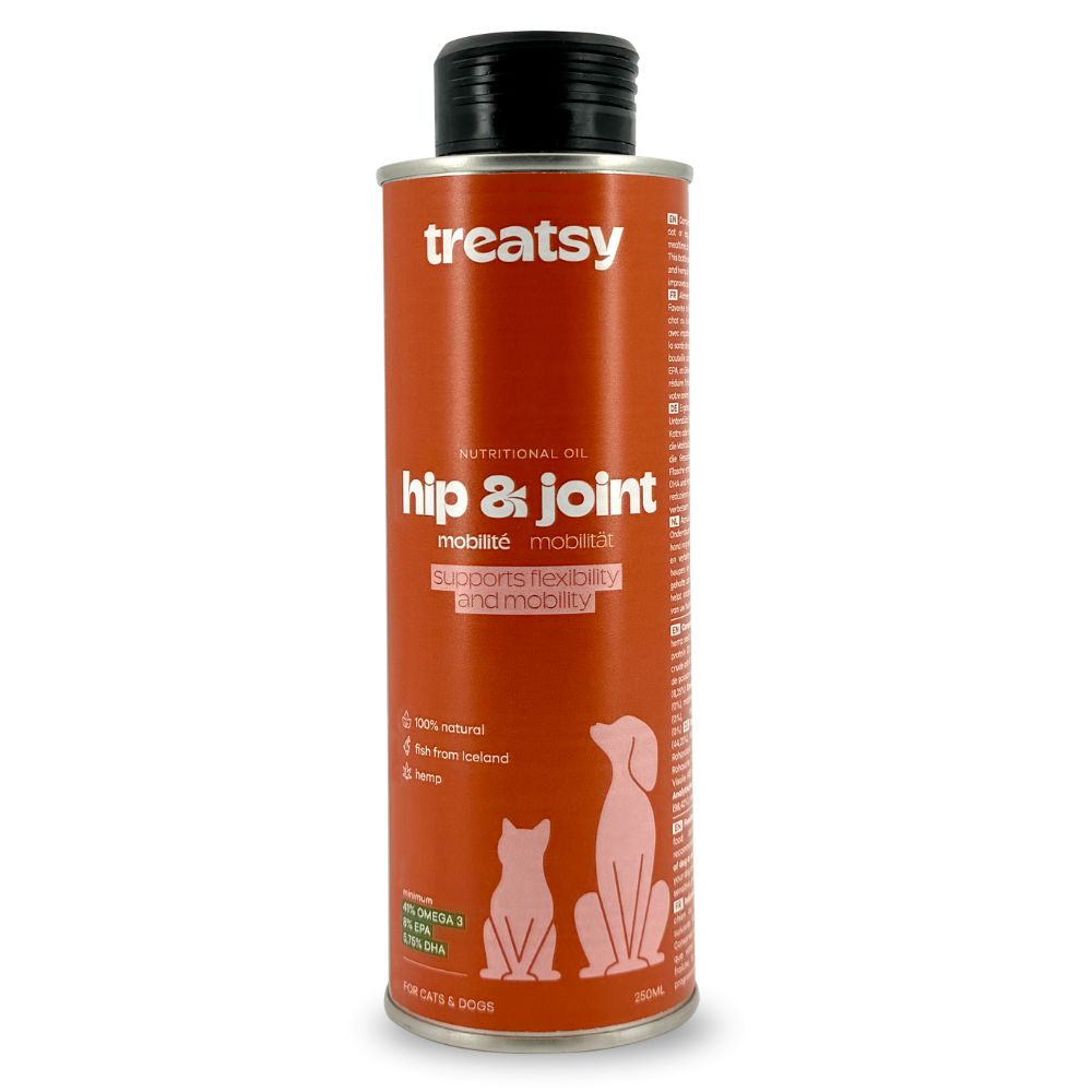 Runde, orangefarbene Flasche mit schwarzem Deckel. Aufschrift: Treatsy, hip & joint, Mobilität. Illustrationen von Katze und Hund.