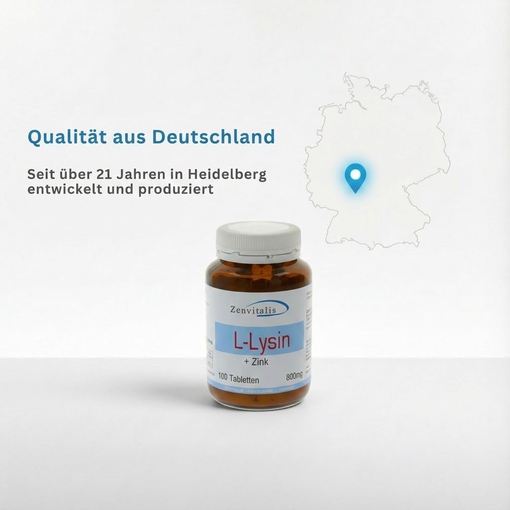 Tablettenflasche mit "L-Lysin + Zink" und Deutschlandkarte. Text: "Qualität aus Deutschland".