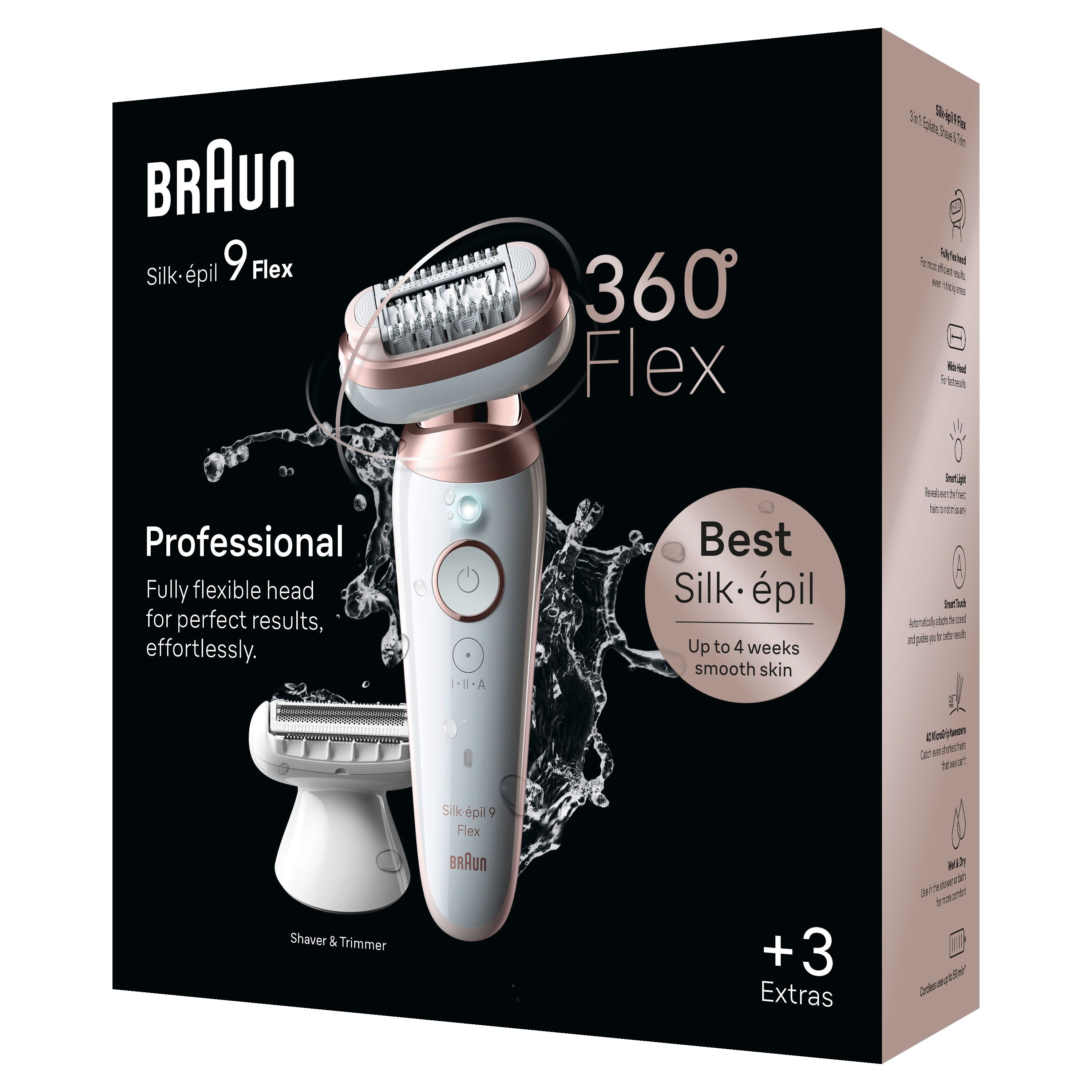 Verpackung Braun Silk-épil 9 Flex. Produkt und Zubehör auf schwarzem Hintergrund. Text: 360° Flex, Best Silk-épil.
