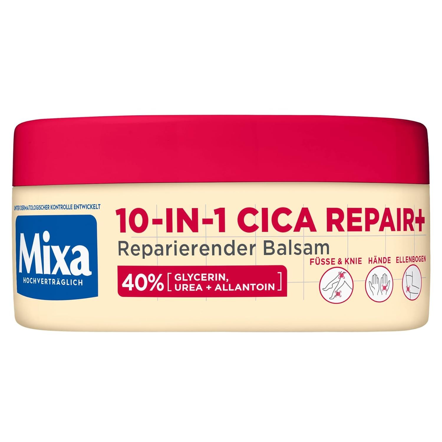 Behälter mit rotem Deckel. Aufschrift: 10-IN-1 CICA REPAIR+, Reparierender Balsam, 40% Glycerin, Urea + Allantoin. Marke: Mixa.