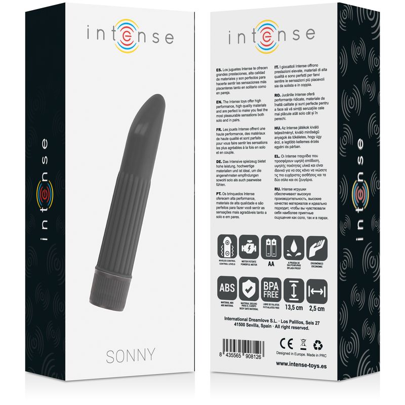Verpackung von Intense Sonny. Produktabbildung, Logos, Text in mehreren Sprachen, technische Daten, Zertifizierungen.