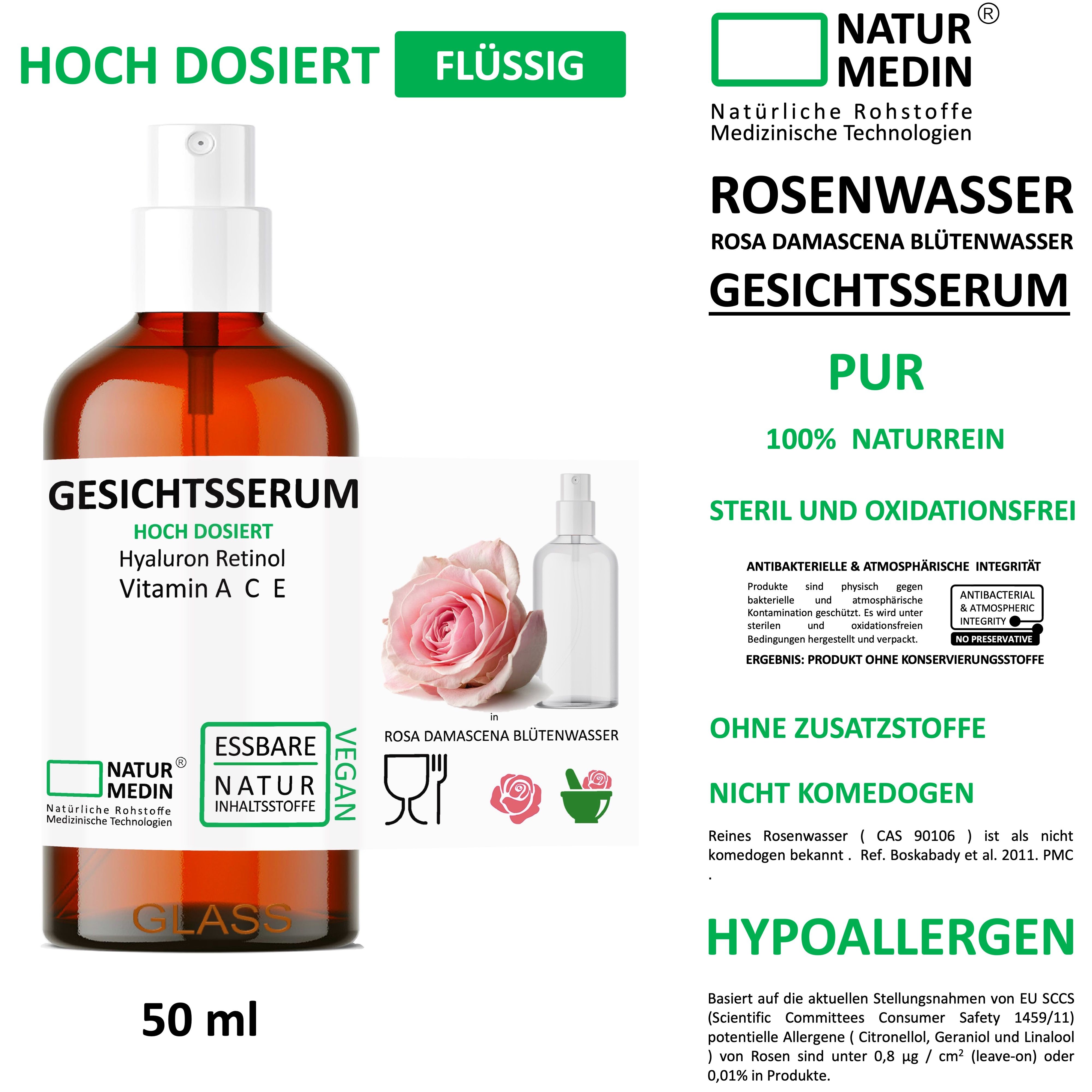 Braune Glasflasche mit Sprühkopf. Beschriftung: Gesichtsserum, Hyaluron, Vitamin A C E. 50 ml. Pur.