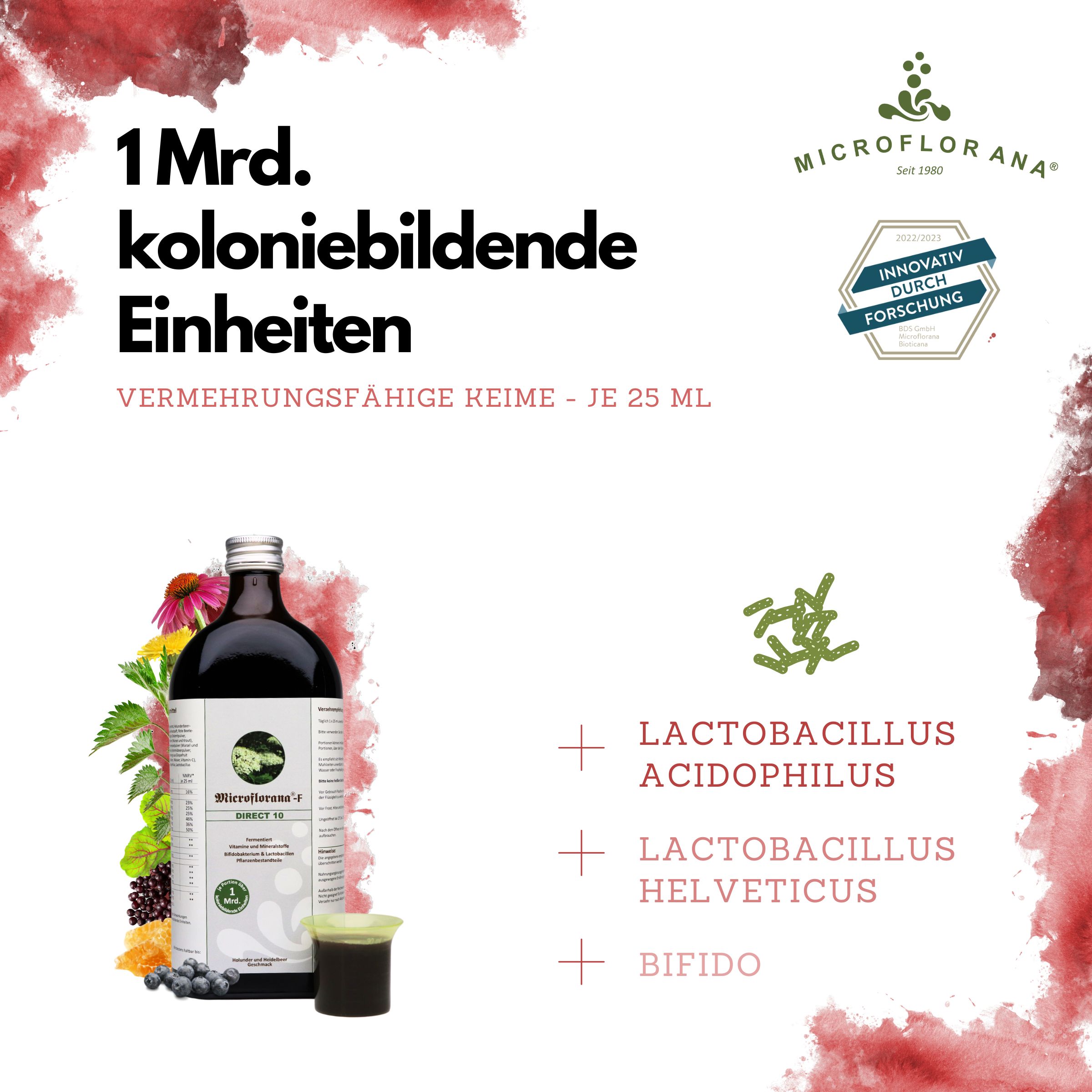 Produktflasche und Messbecher. Aufschrift Microflorana-F Direct 10. Enthält Lactobacillus acidophilus, helveticus und Bifido.