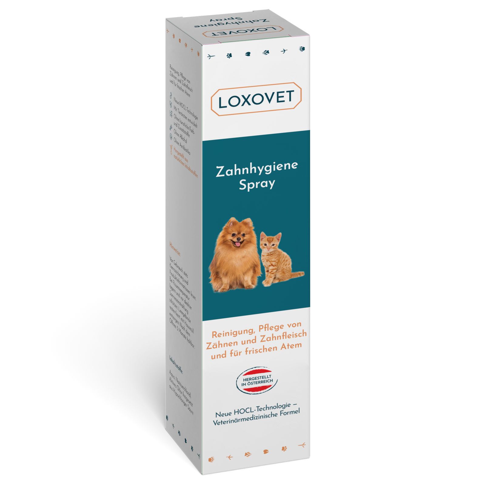 Confezione con logo Loxovet e testo: Zahnhygiene Spray. Immagine cane e gatto. Testo: Reinigung, Pflege.