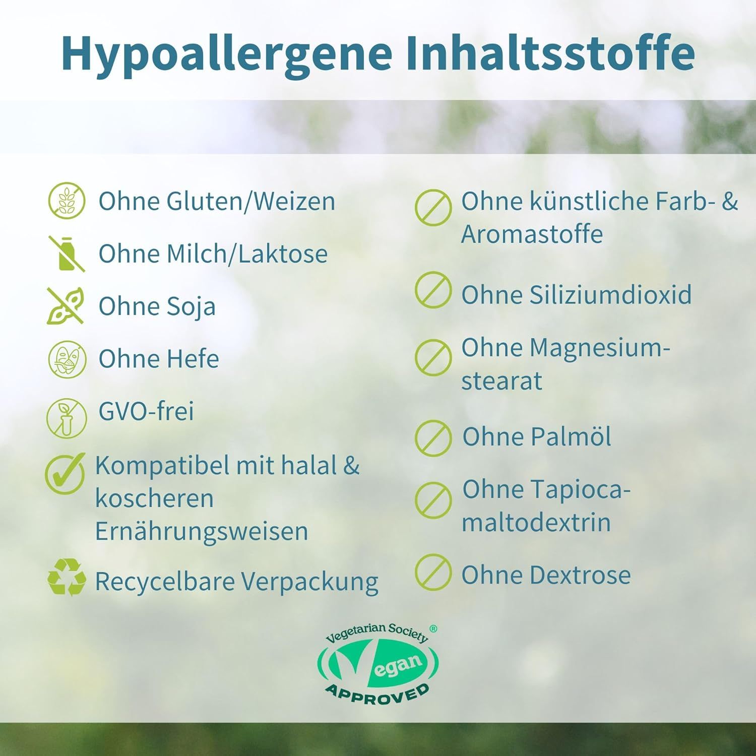 Nahaufnahme einer Kapsel mit Liste reiner und sauberer Inhaltsstoffe.
