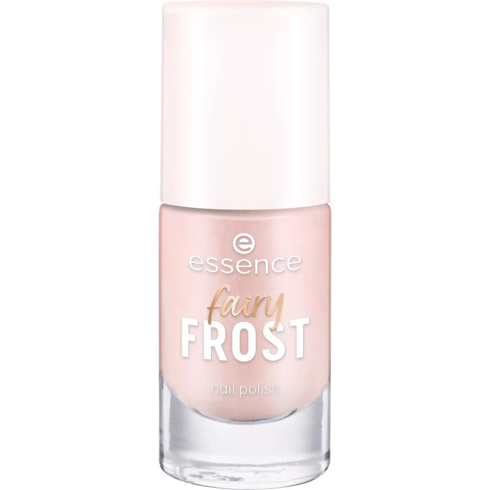 Nagellackflasche mit weißem Deckel. Aufschrift: essence fairy FROST nail polish. Rosa schimmernde Flüssigkeit.