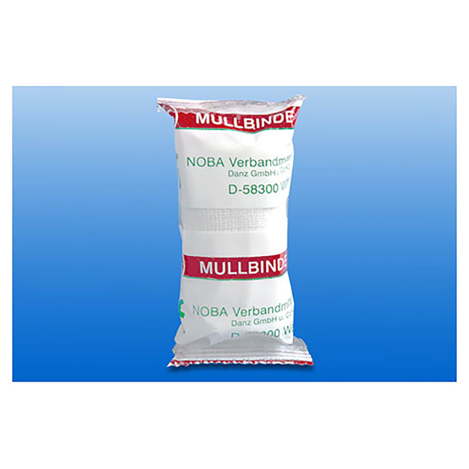 Verpackung mit Mullbinden. Aufschrift: NOBA Verbandmull, D-58300 Wetter. Rote und weiße Streifen.