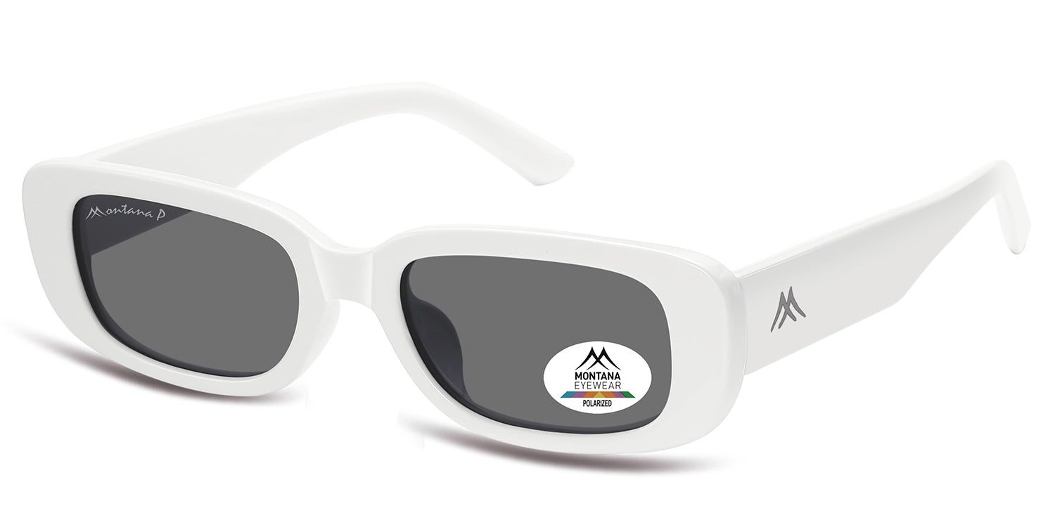 Sonnenbrille mit weißem Rahmen und grauen Gläsern. Logo "Montana Eyewear" auf dem Bügel und Glas.