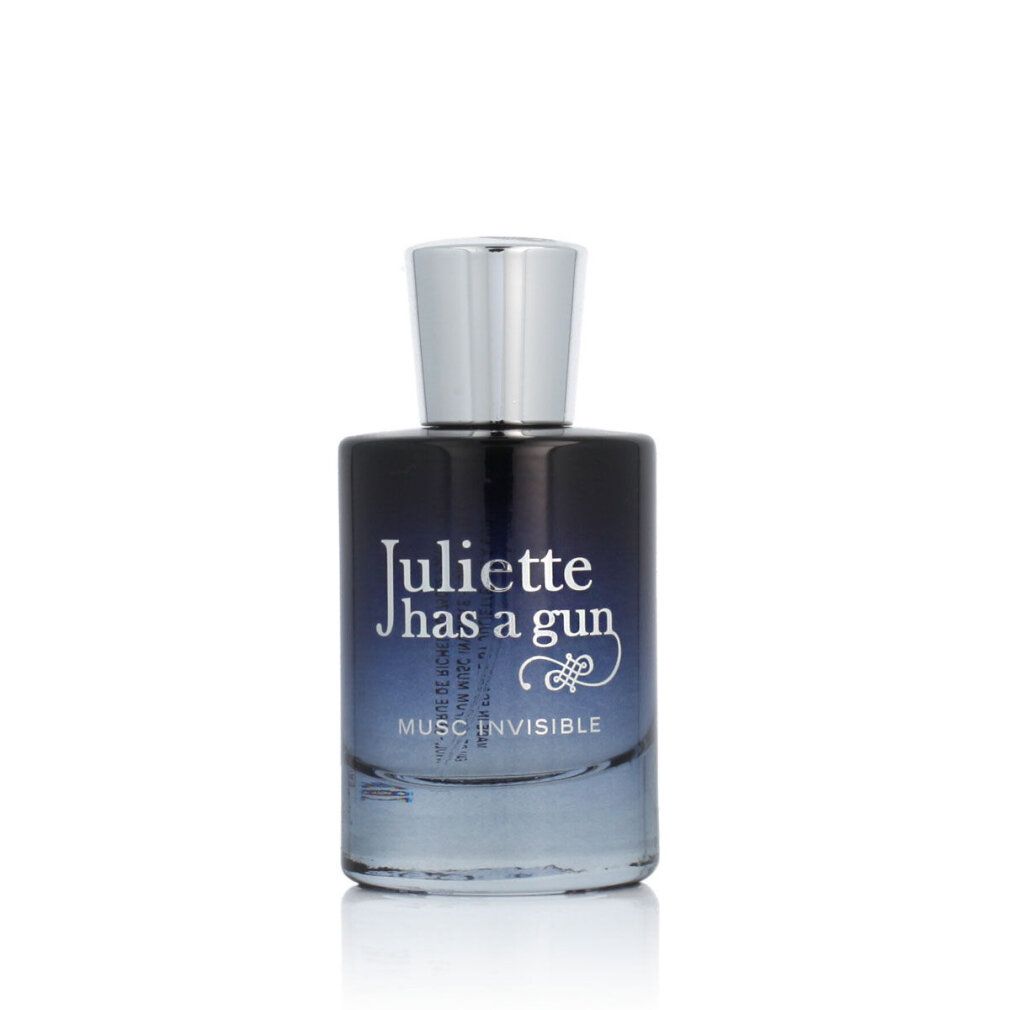Parfumflakon mit blau-schattiertem Glas, silbernem Verschluss. Aufschrift: Juliette has a gun, Musc Invisible.