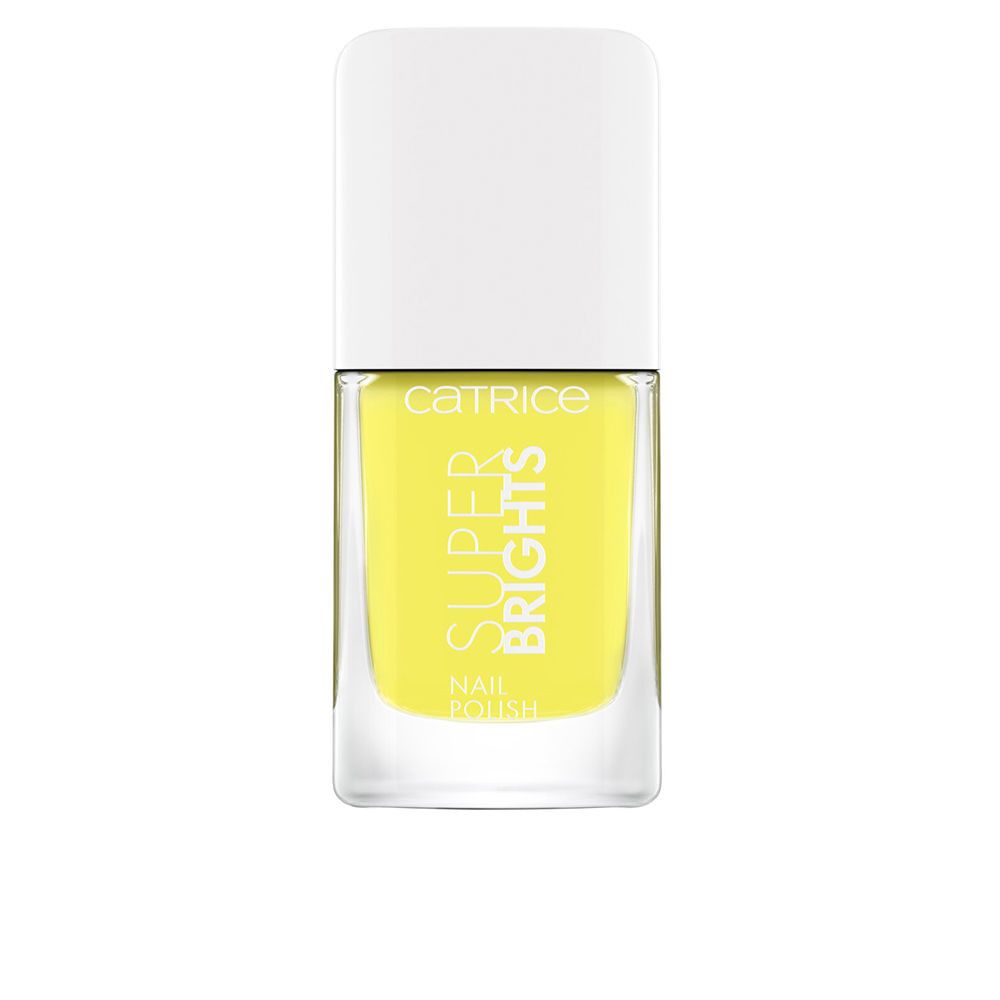 Nagellack-Flakon mit gelber Flüssigkeit und weißem Deckel. Aufschrift: SUPER BRIGHTS, CATRICE.