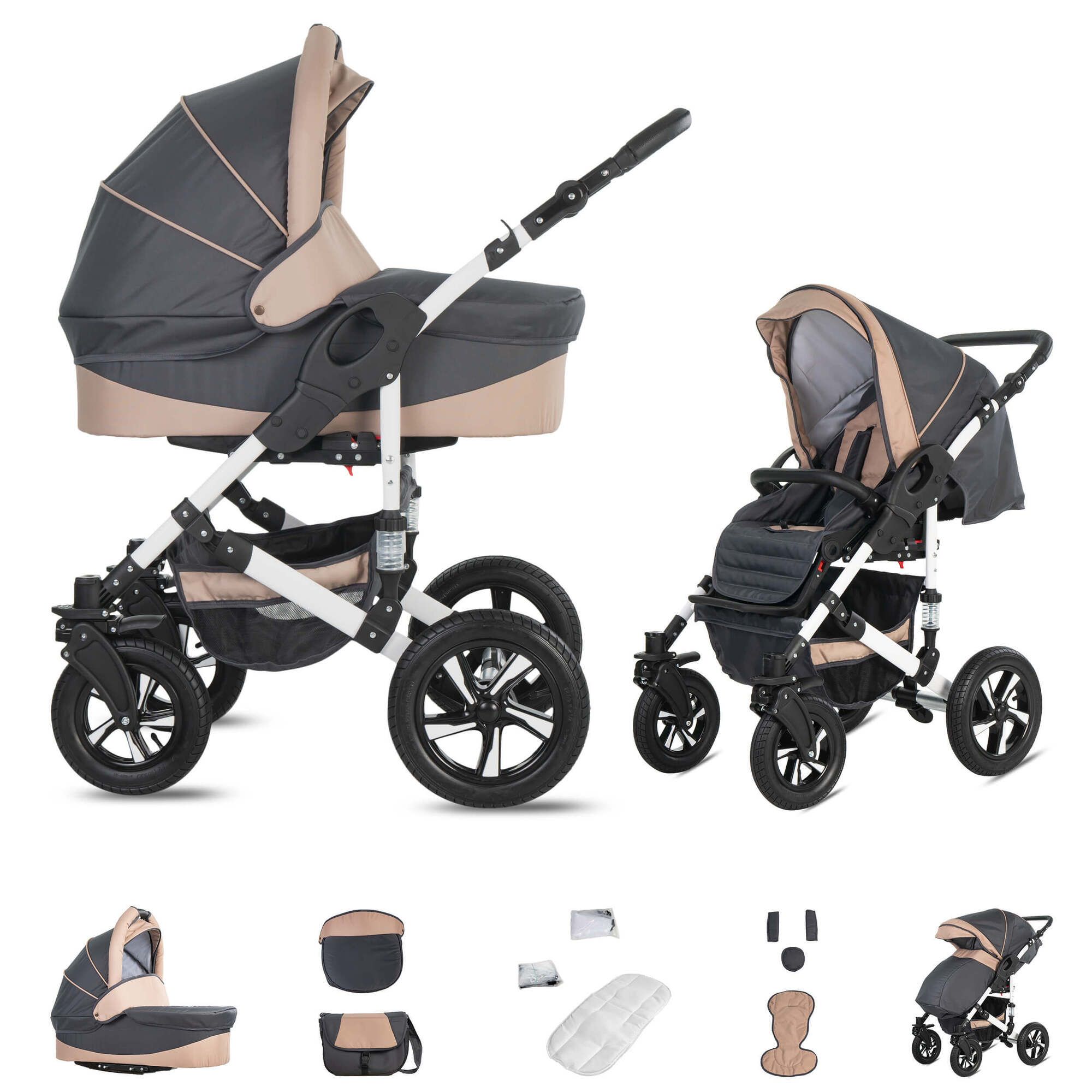 Friedrich Hugo Hamburg 2 in 1 Kinderwagen Hartgummireifen, Grey & Beige