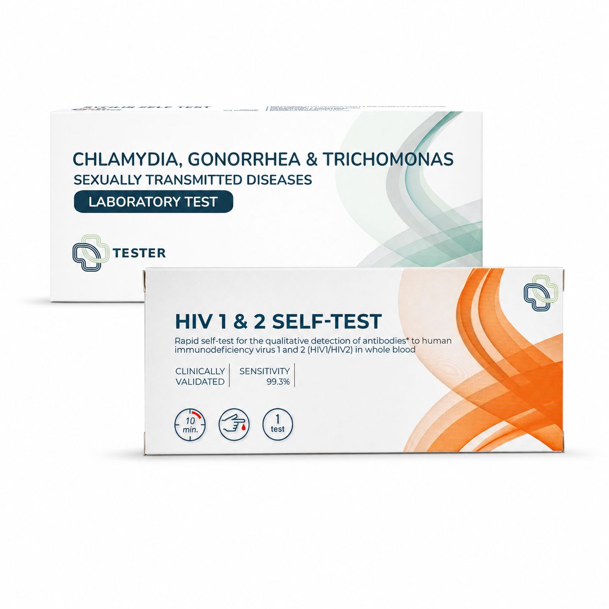 Zwei Testkits für sexuell übertragbare Krankheiten: Chlamydien, Gonorrhö, Trichomonaden und HIV. Urintests.