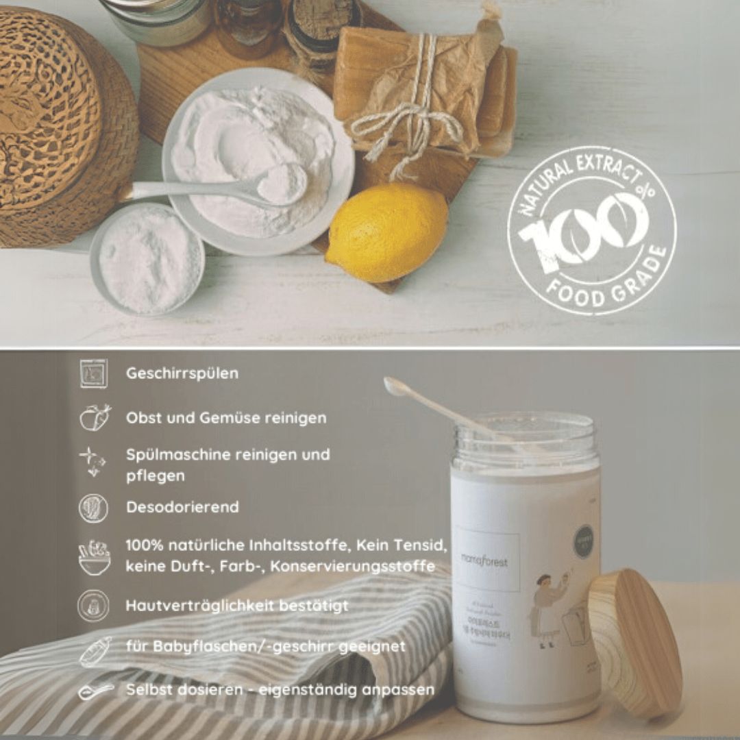 Produkt und Zutaten auf einer Arbeitsplatte. Mamaforest Geschirrspülpulver, Zitrone, Schalen mit Pulver. Logo: 100% Food Grade.