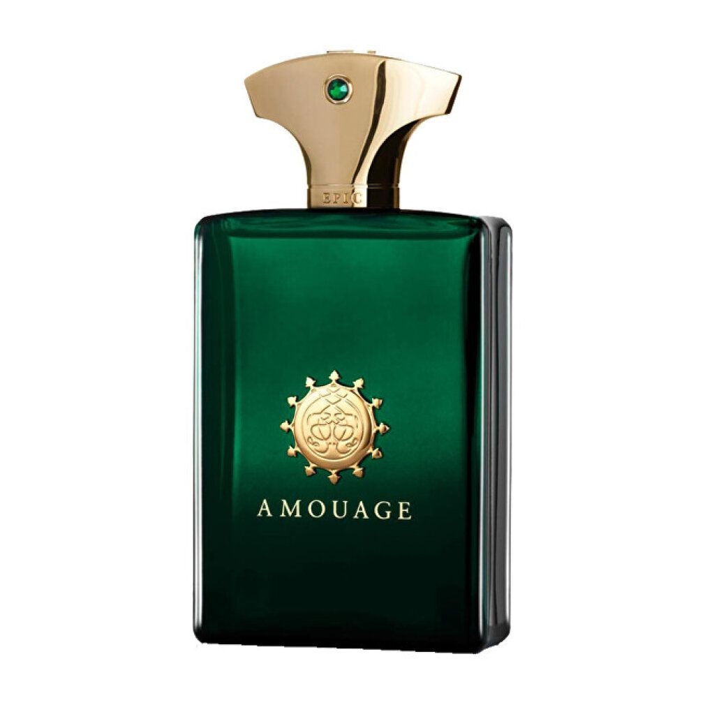 Amouage Epic Man Eau de Parfum Flakon in Dunkelgrün mit goldenem Verschluss und Emblem.