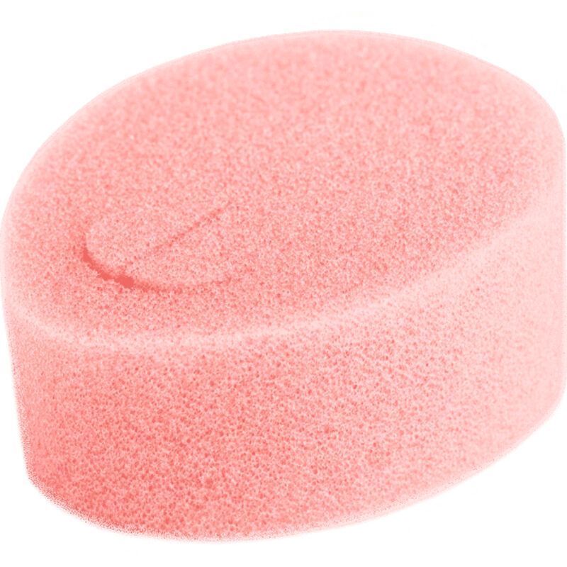 Rosa, zylindrischer Schwamm. Oben leicht gewölbt, mit einer Vertiefung. Offenporiges Material.