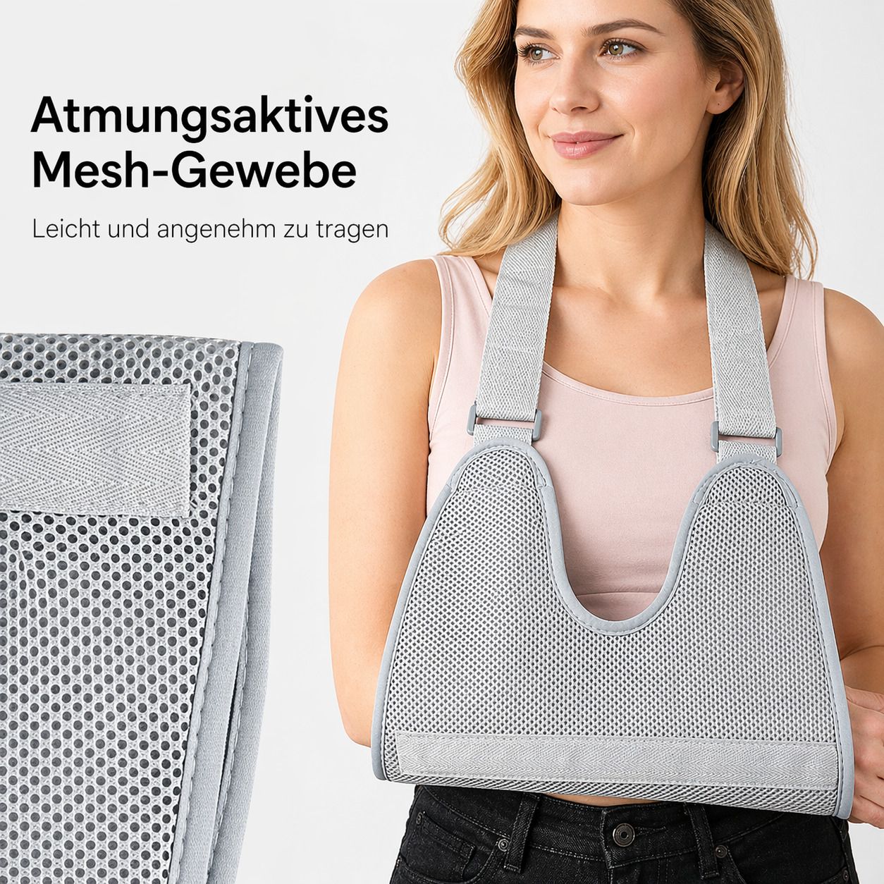 Frau trägt graue Armschlinge. Atmungsaktives Mesh-Gewebe. Leicht und angenehm zu tragen. Klettverschluss. Verstellbare Träger.