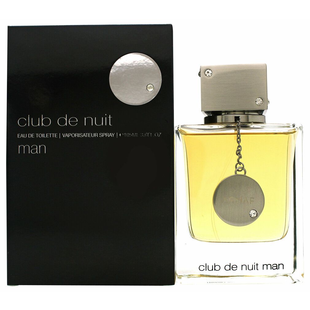 Eau de Toilette Spray mit schwarzer Verpackung. Flakon mit silbernem Verschluss und Anhänger. Text: Club de Nuit Man.