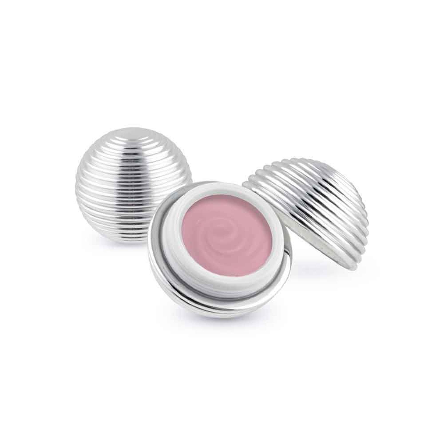 Nagelmodellage-Gel in silberfarbenem, geriffeltem Behälter. Offener Behälter zeigt rosa Gel. Zwei weitere Behälterteile daneben.
