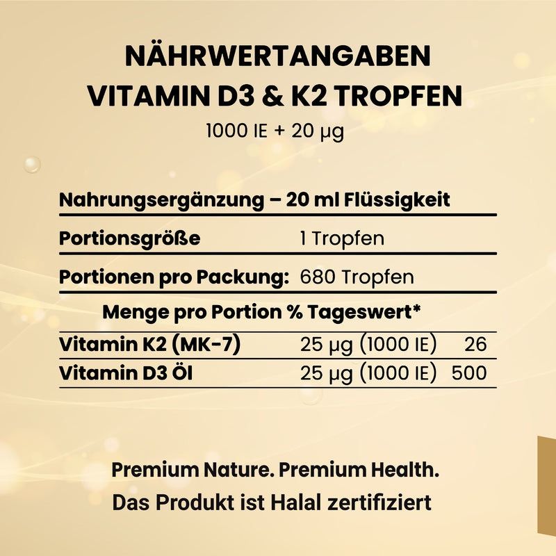 Nährwertangaben für Vitamin D3 & K2 Tropfen. Enthält Vitamin K2 und Vitamin D3 Öl. Text: Premium Nature. Premium Health. Halal zertifiziert.