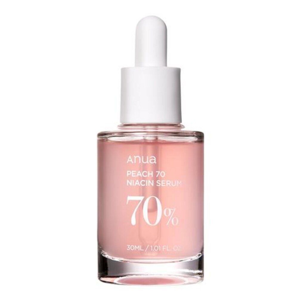ANUA Pfirsich 70 Niacinamid Serum Flasche auf weißem Hintergrund.