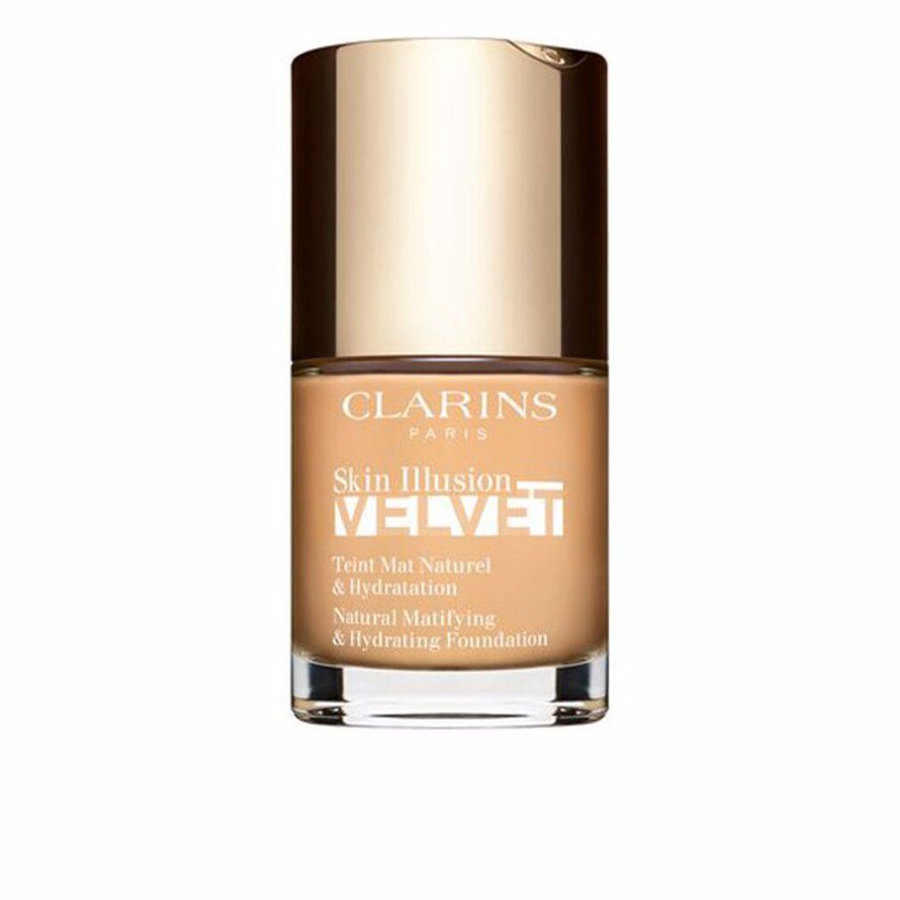 Flakon mit goldfarbenem Deckel. Aufschrift: Skin Illusion Velvet, Natural Matifying & Hydrating Foundation.