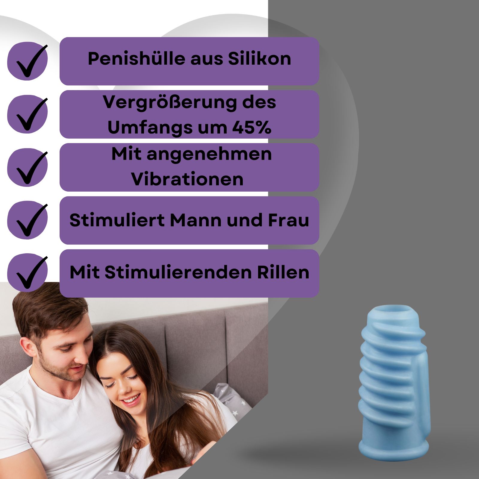 Blaue Penishülle mit Rillen. Text: Penishülle aus Silikon, Vergrößerung des Umfangs um 45%, Mit angenehmen Vibrationen, Stimuliert Mann und Frau, Mit stimulierenden Rillen.