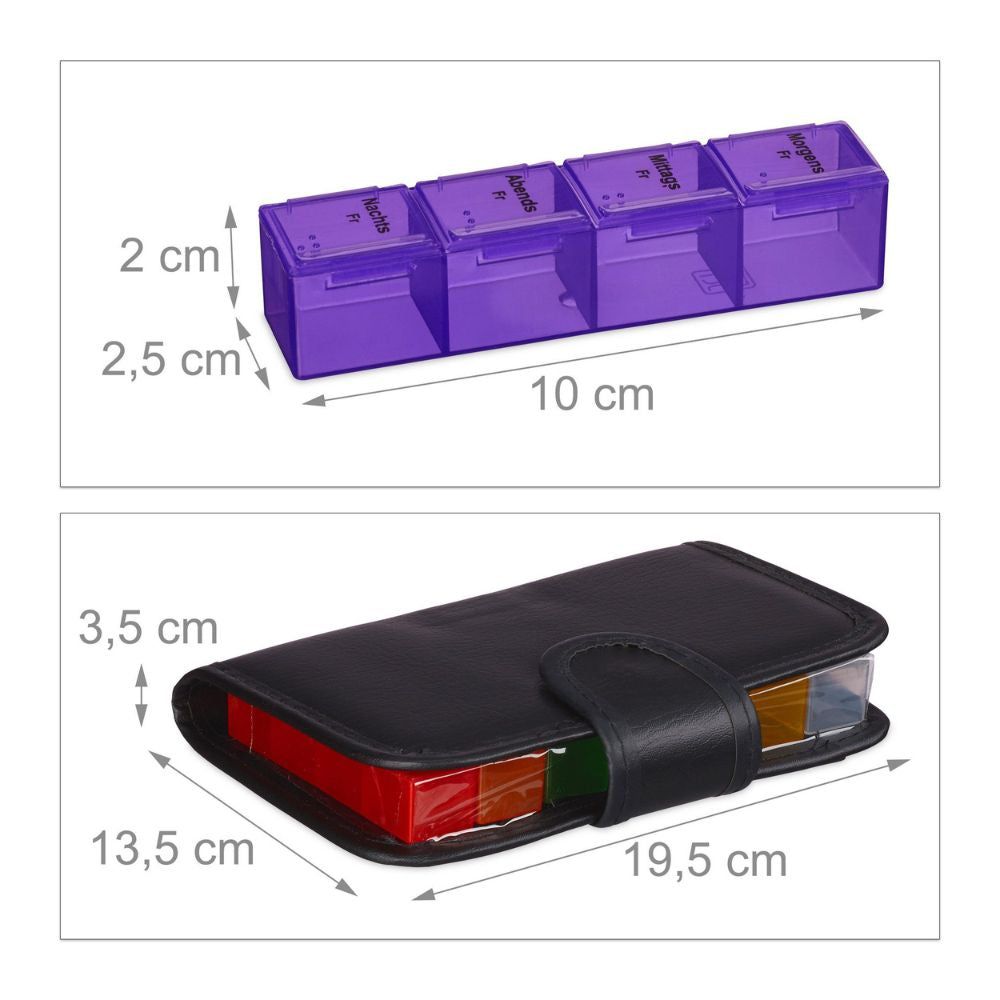 Tablettenbox mit Maßen. Schwarzes Etui mit Maßen. Einzelne Tablettenfächer mit Beschriftung.