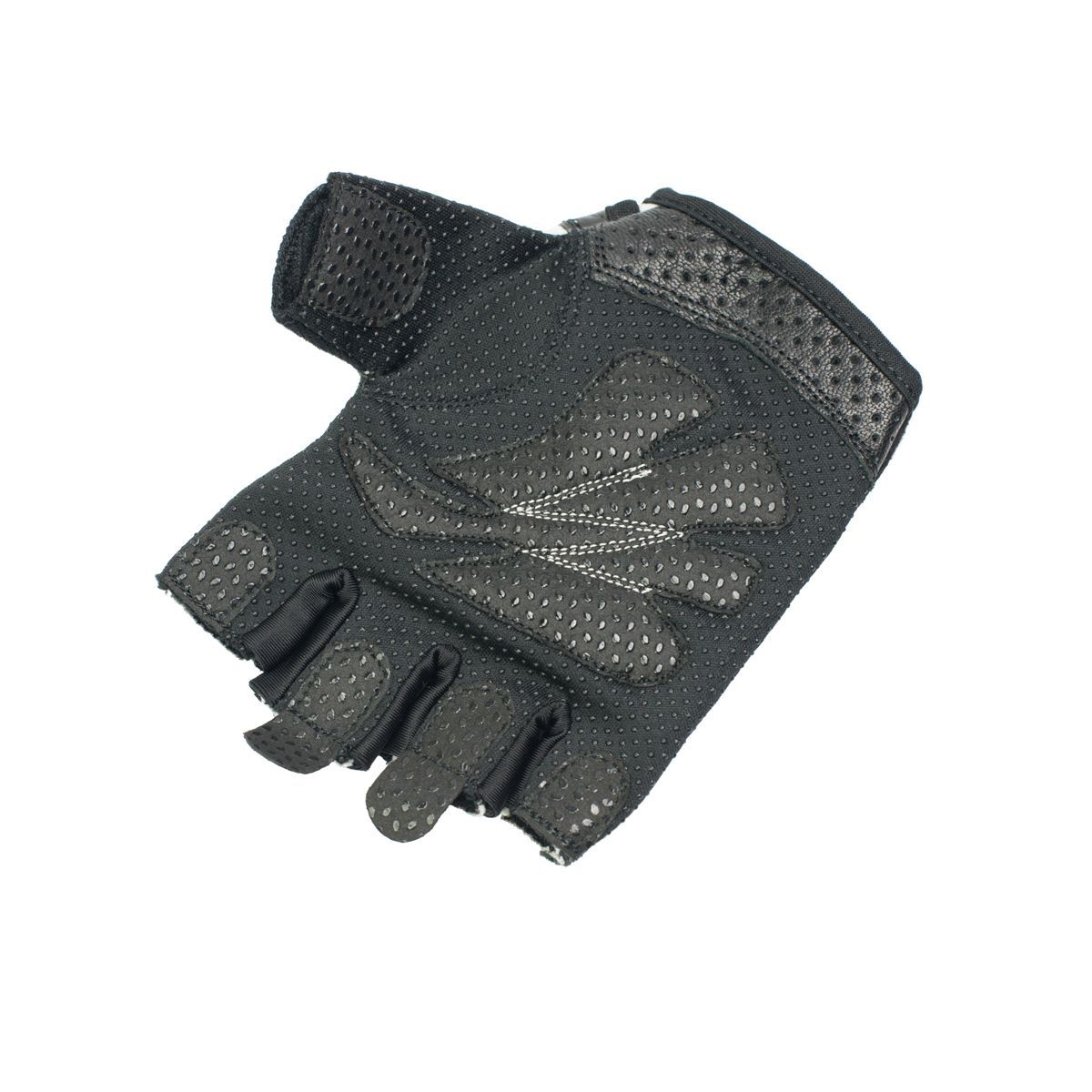 Ein einzelner schwarzer Leder-Fitnesshandschuh für Damen mit verstärkter Handfläche und rutschfesten Noppen.