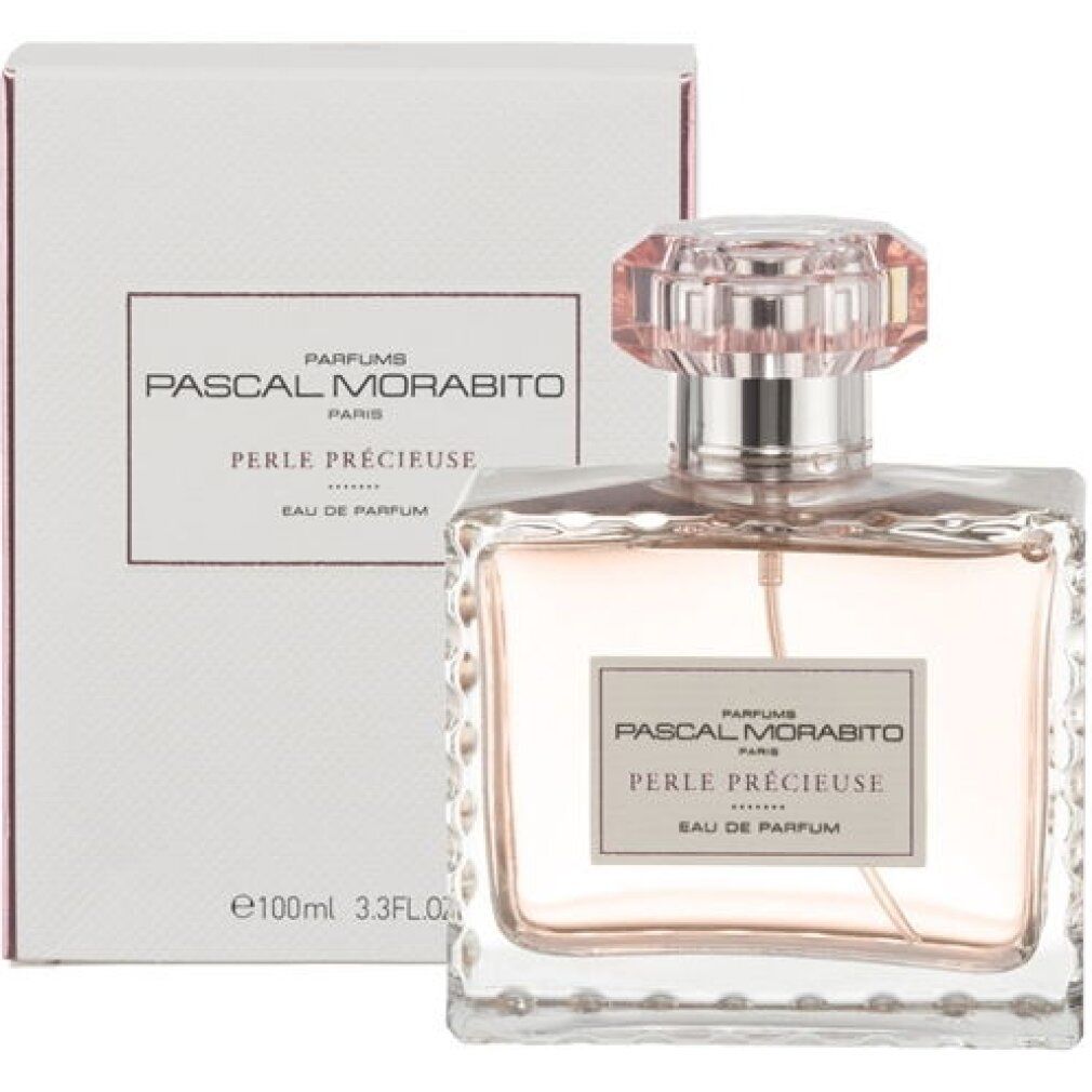 Glasflakon und Verpackung. Flakon mit rosa Flüssigkeit. Verpackung mit Text: Pascal Morabito, Perle Precieuse, Eau de Parfum.