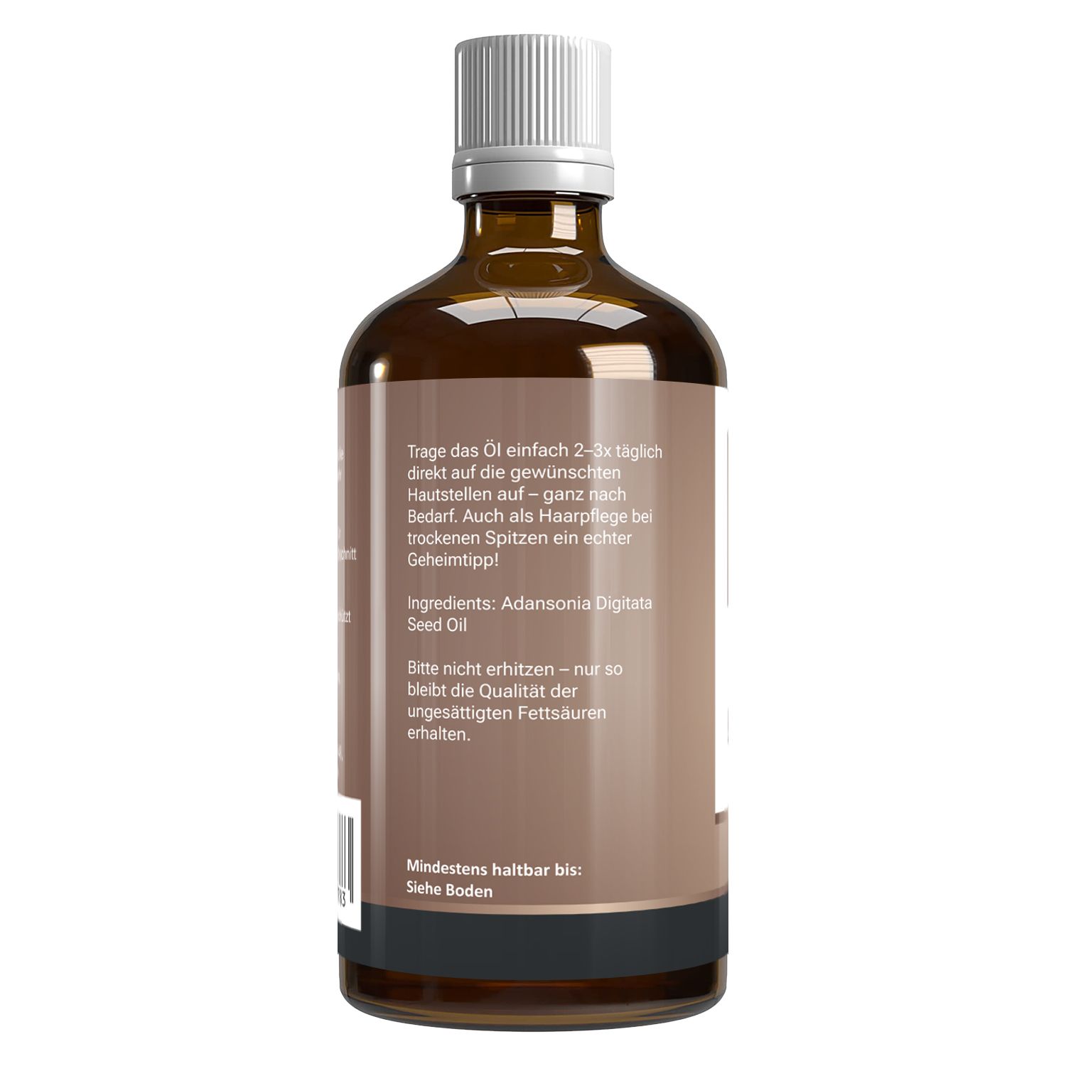 Braune Glasflasche mit weißem Deckel. Rückseite mit Text: Anwendung, Inhaltsstoffe, Mindesthaltbarkeit.