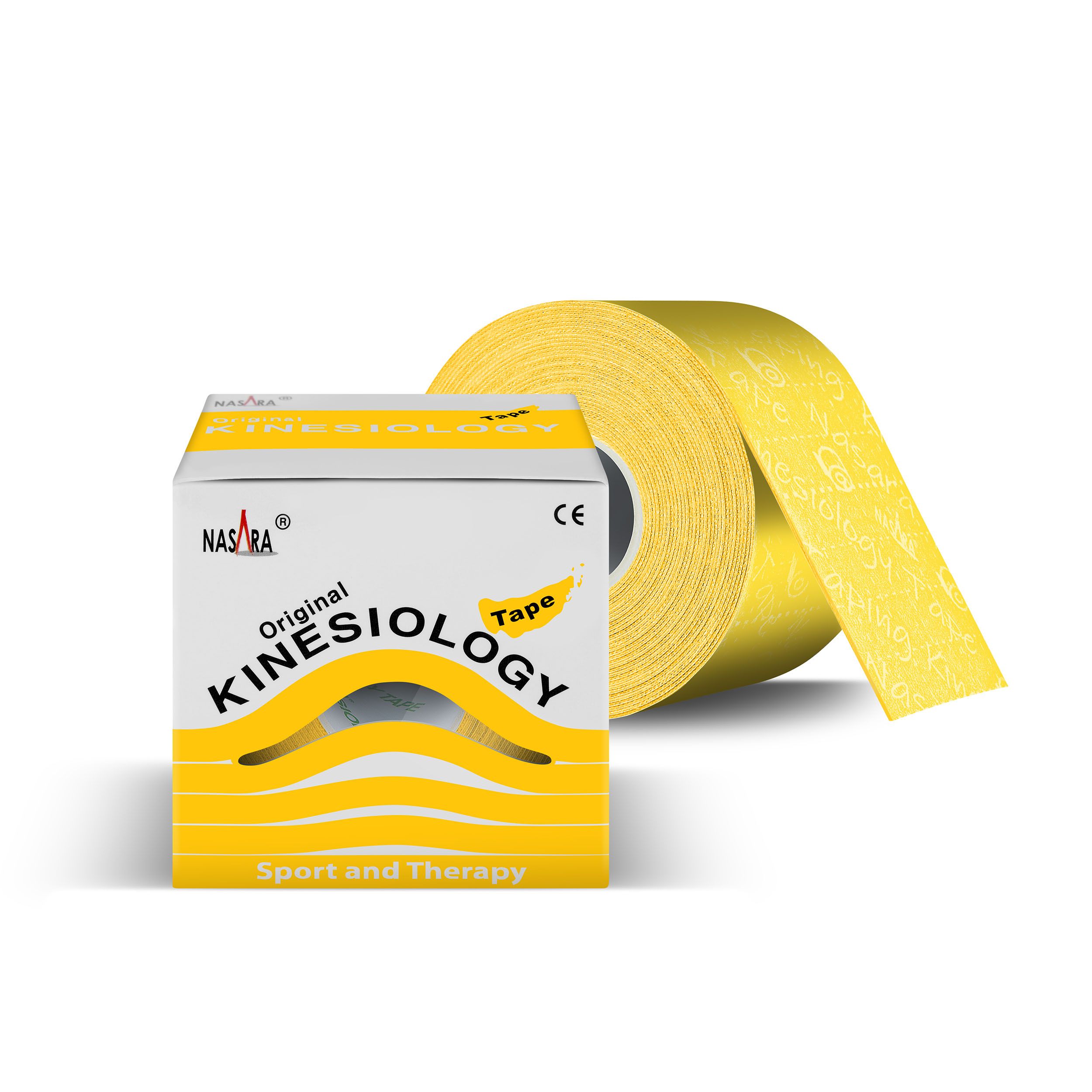 Gelbes Kinesiologie-Tape und Box. Box mit Aufschrift NASARA, Original Kinesiology Tape. Rolle Tape daneben.