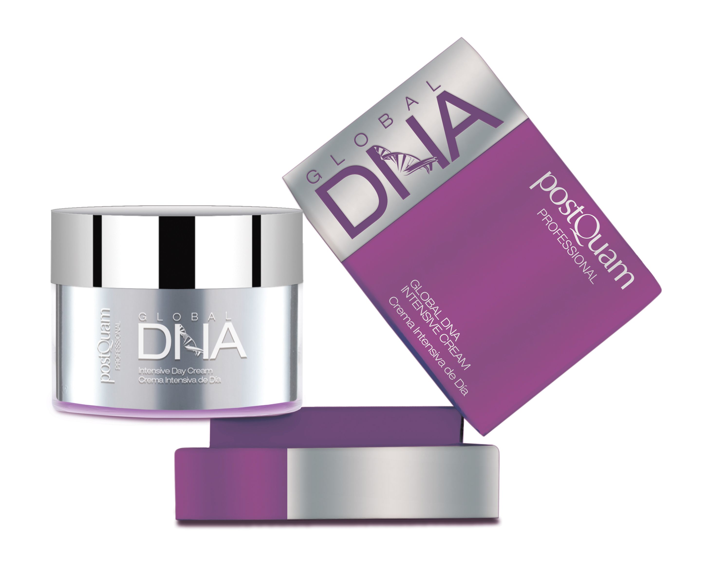 Creme-Glas und Verpackung. Produktname: Global DNA Intensive Day Cream. Marke: Postquam. Verpackung lila.