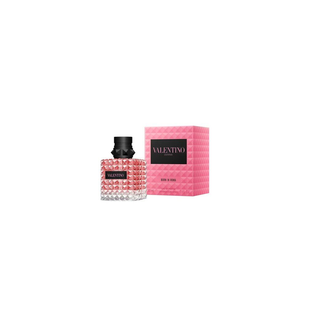 Valentino Born In Roma Eau de Parfum. Rosa Schachtel und Flakon. Schwarzer Verschluss. Text: Valentino, Born in Roma, Donna.