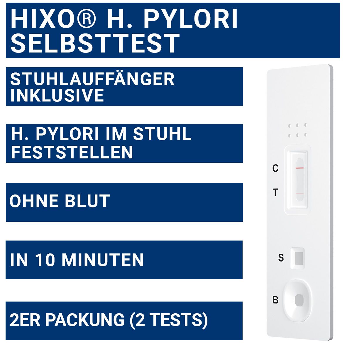 HIXO H. pylori Selbsttest. Testkassette mit Ergebnisanzeige. Inklusive Stuhlauffänger. 2er Packung. Ohne Blut. Ergebnis in 10 Minuten.