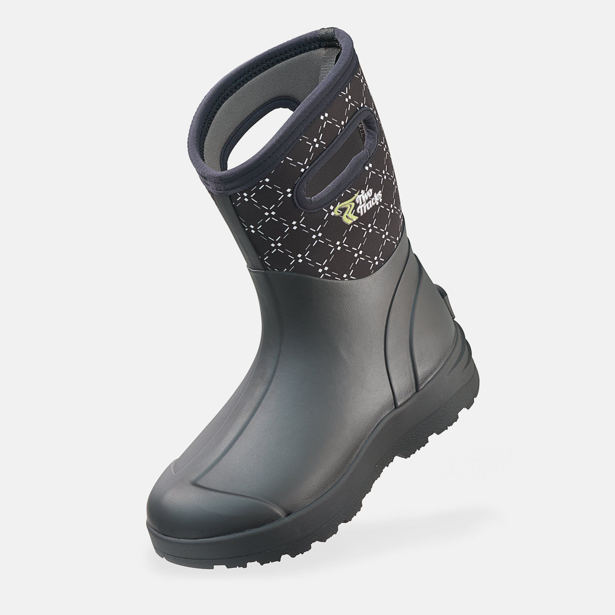 Schwarzer Stiefel mit breiter Passform. Schaft mit Muster. Sohle mit Profil.