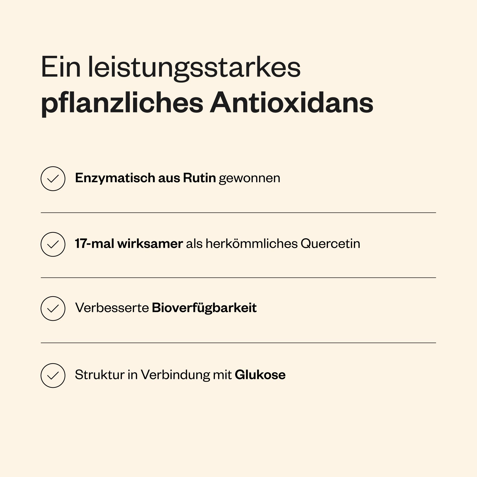 Infografik mit Vorteilen von Isoquercitrin. Enzymatisch aus Rutin gewonnen, 17-mal wirksamer, verbesserte Bioverfügbarkeit.