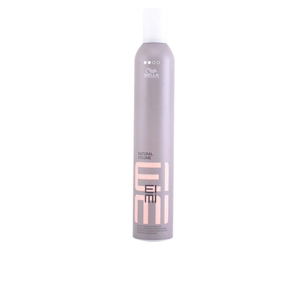 Graue Sprühflasche mit weißem Deckel. Aufschrift: EIMI Natural Volume. Marke: Wella.