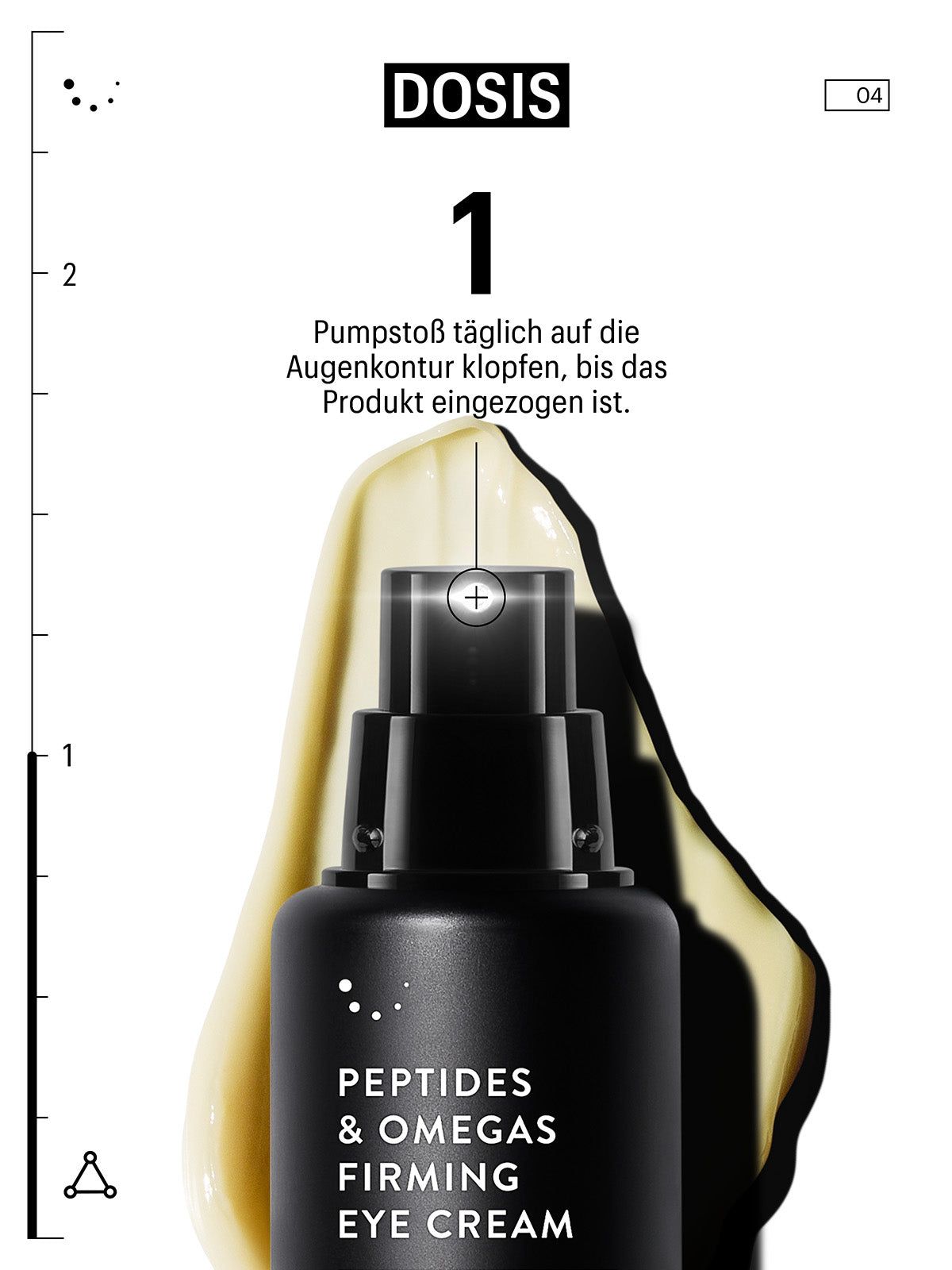 Dosierungsanleitung. Augencreme-Flasche mit Produkt. Text: 'Peptides & Omegas Firming Eye Cream'.