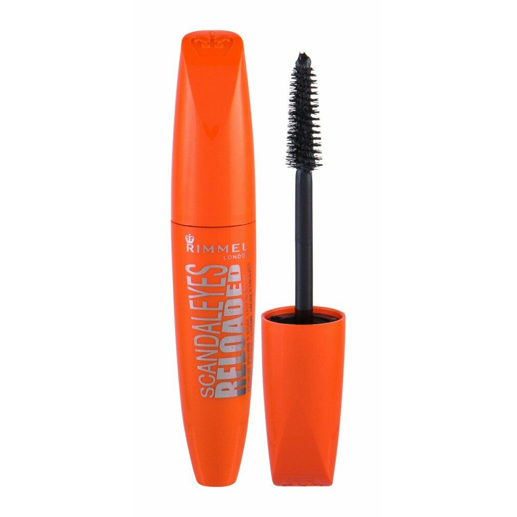 Orangefarbene Mascara-Tube und -Bürste. Schwarze Schrift: Scandaleyes Reloaded. Rimmel London.
