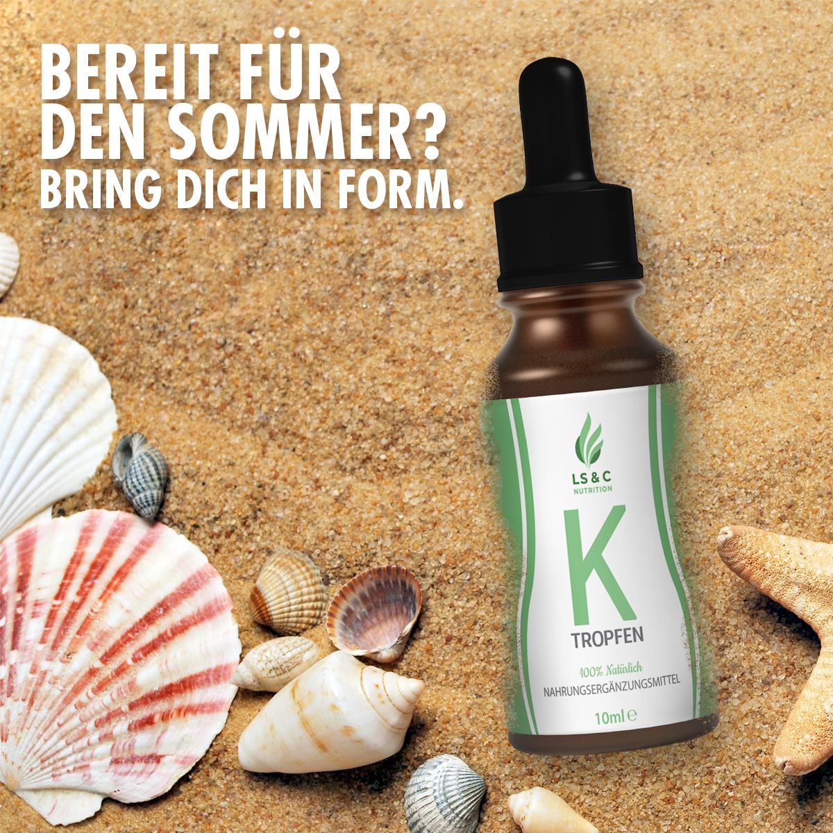Braune Flasche mit Tropfer auf Sand, umgeben von Muscheln und einem Seestern. Grünes Etikett mit 'K Tropfen' und 'LS & C Nutrition'.