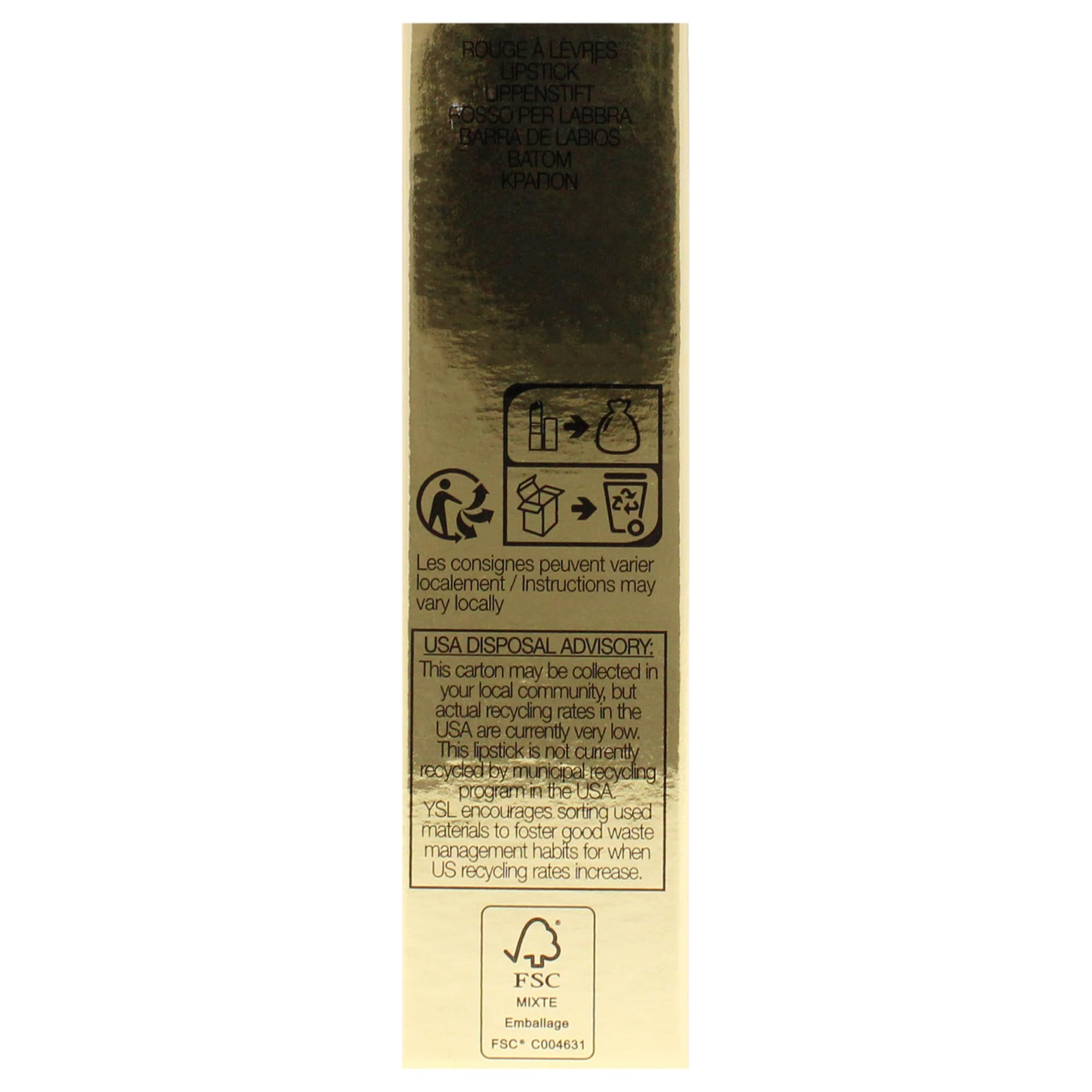 Rückseite der goldenen Verpackung. Text und Recycling-Hinweise. FSC-Logo.