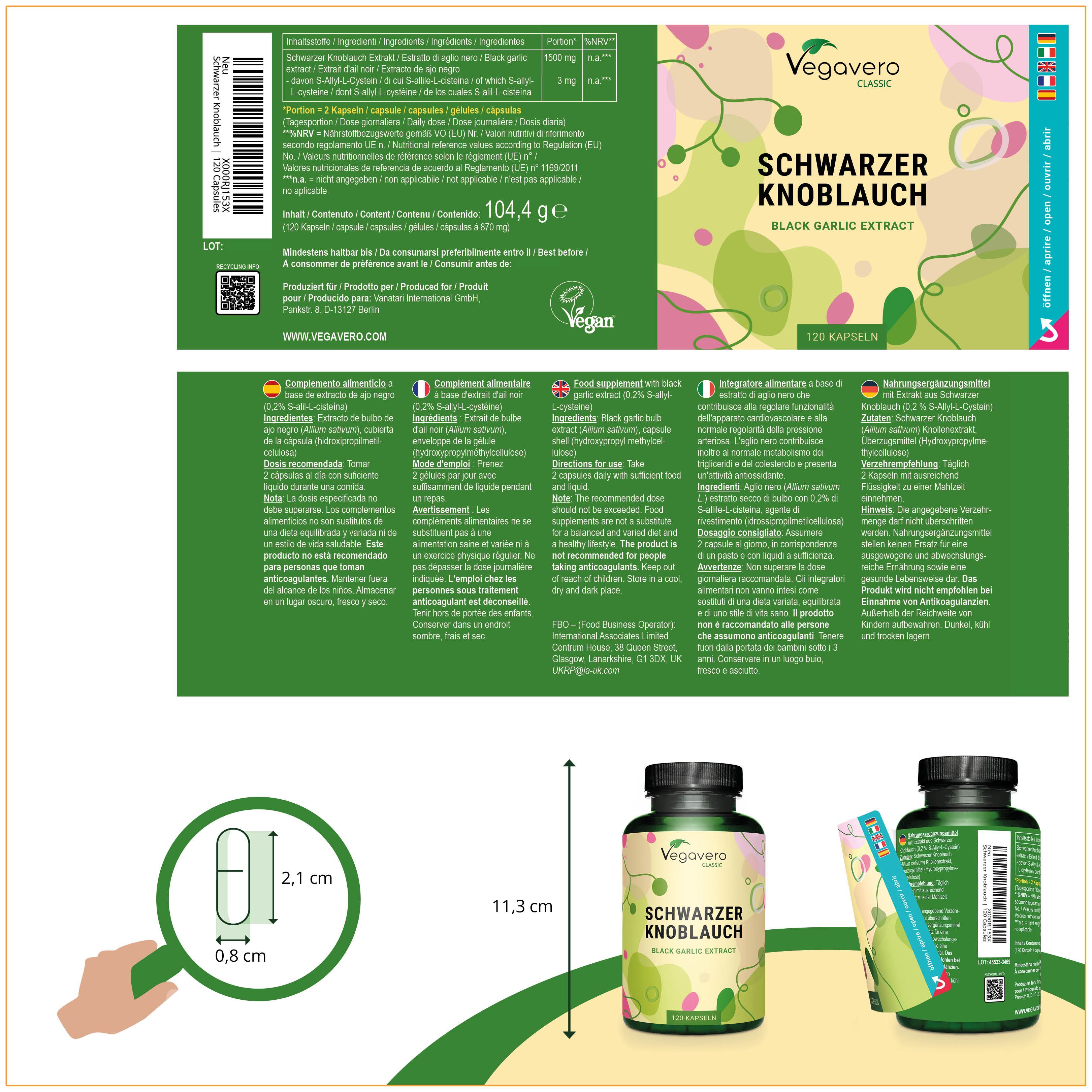 Verpackung mit Informationen zu Schwarzem Knoblauch. Enthält eine Flasche und eine kleine Packung Kapseln. Mit Messungen.