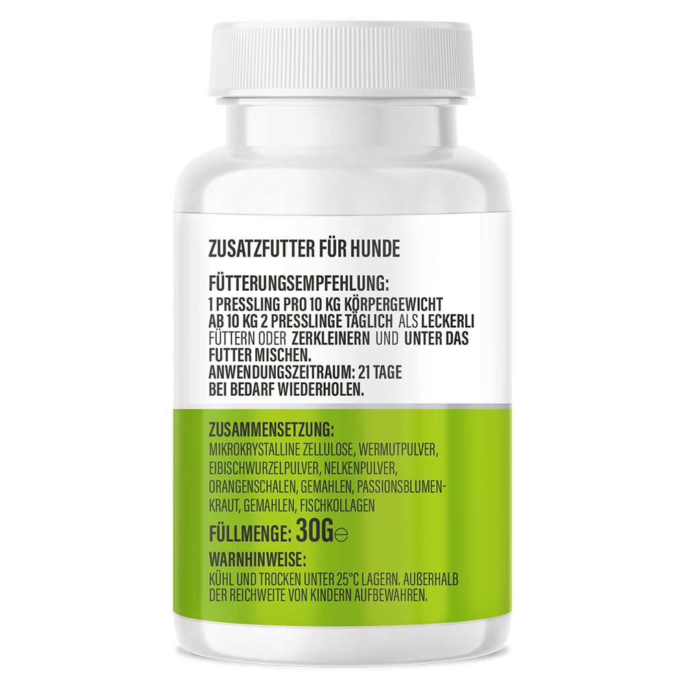Weiße Flasche mit grünem Etikett. Text: Zusatzfutter für Hunde. Fütterungsempfehlung, Zusammensetzung, Füllmenge 30g. Warnhinweise.