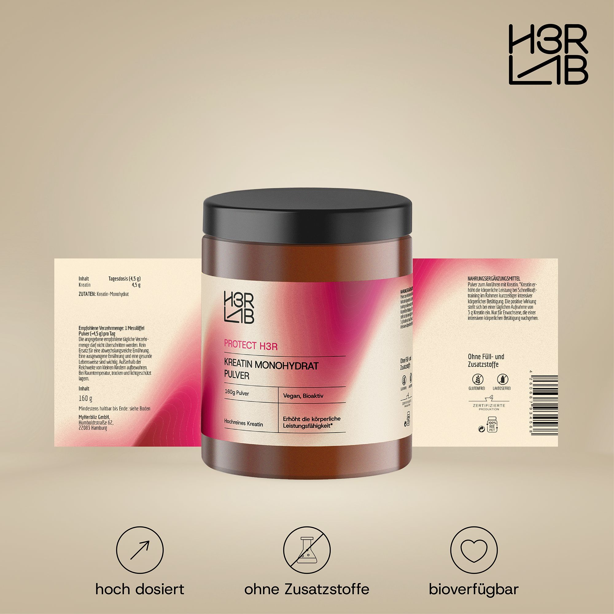Braune Dose mit schwarzem Deckel, H3R LAB, Kreatin Monohydrat Pulver. Zwei Etiketten im Hintergrund. Text: hoch dosiert, ohne Zusatzstoffe, bioverfügbar.