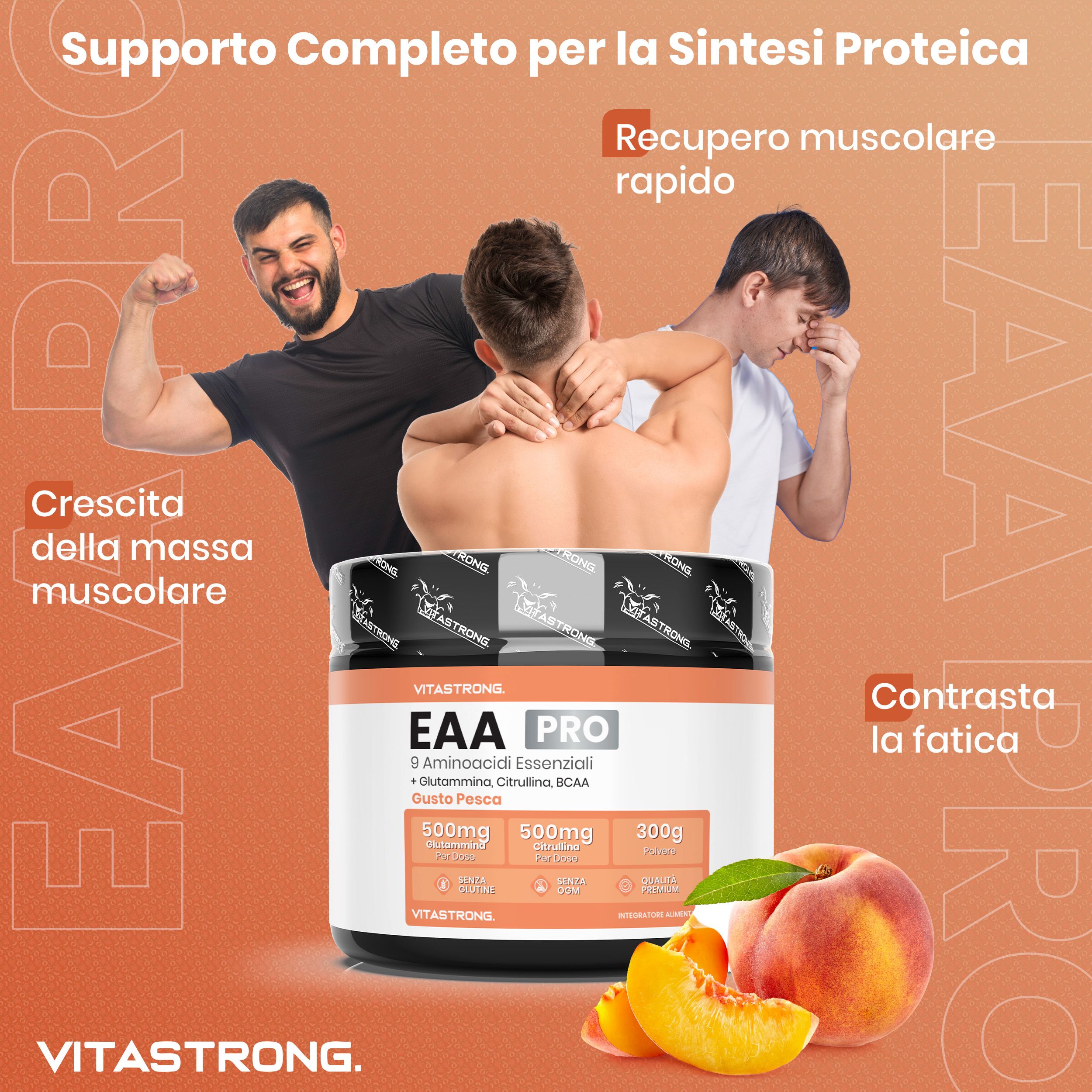 Vitastrong EAA Pro, Dose. 9 Aminosäuren, BCAA, Glutamin. Pfirsich-Geschmack. Personen im Hintergrund.