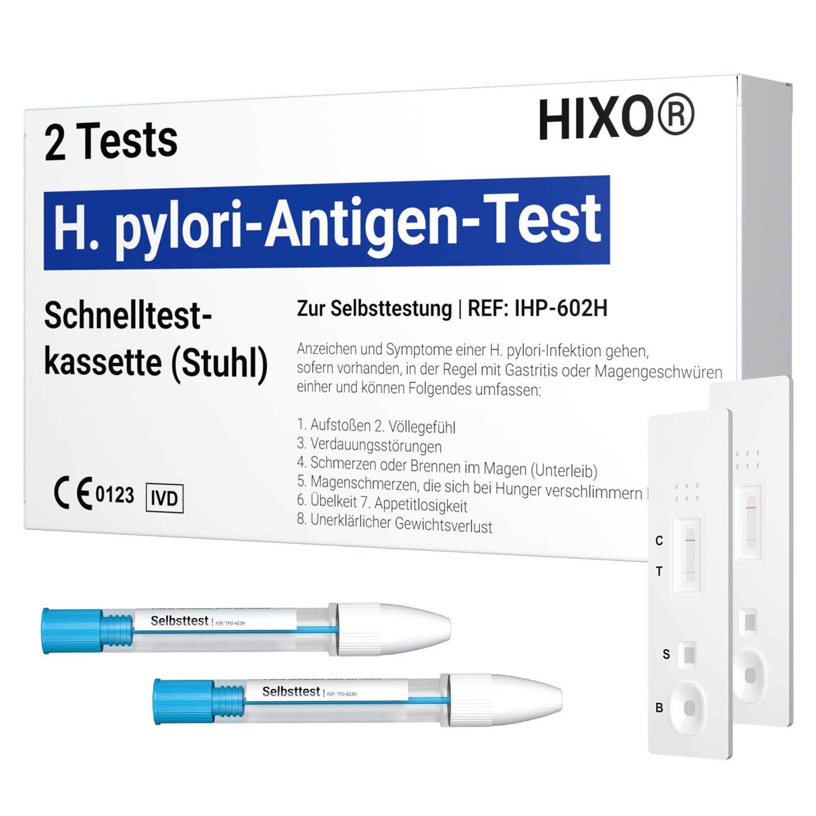 HIXO H. pylori-Antigen-Test. Zwei Testkassetten, zwei Probenröhrchen. CE-Kennzeichnung. Aufschrift: Schnelltestkassette (Stuhl).